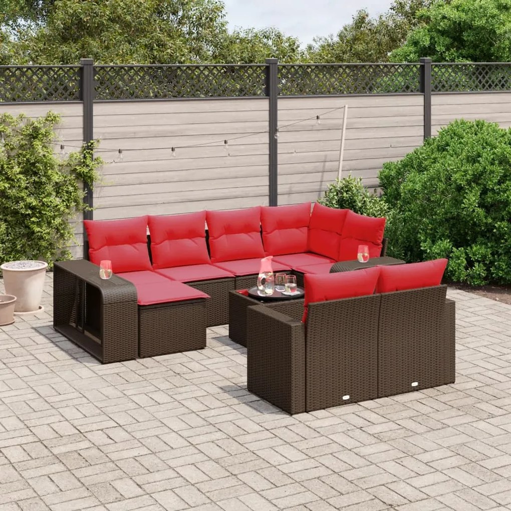 vidaXL 11 pcs conjunto sofás de jardim c/ almofadões vime PE castanho