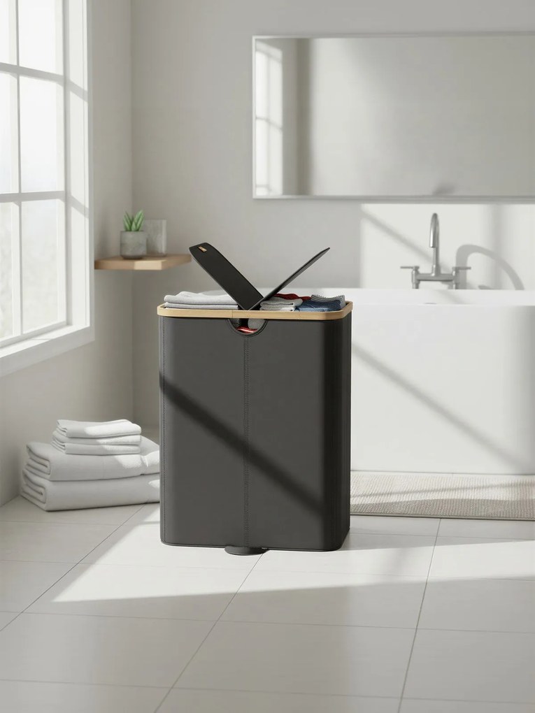 Cesto para roupa suja com 2 compartimentos 52 x 38,5 x 75 cm, sacos para roupa suja removíveis com tampa preto