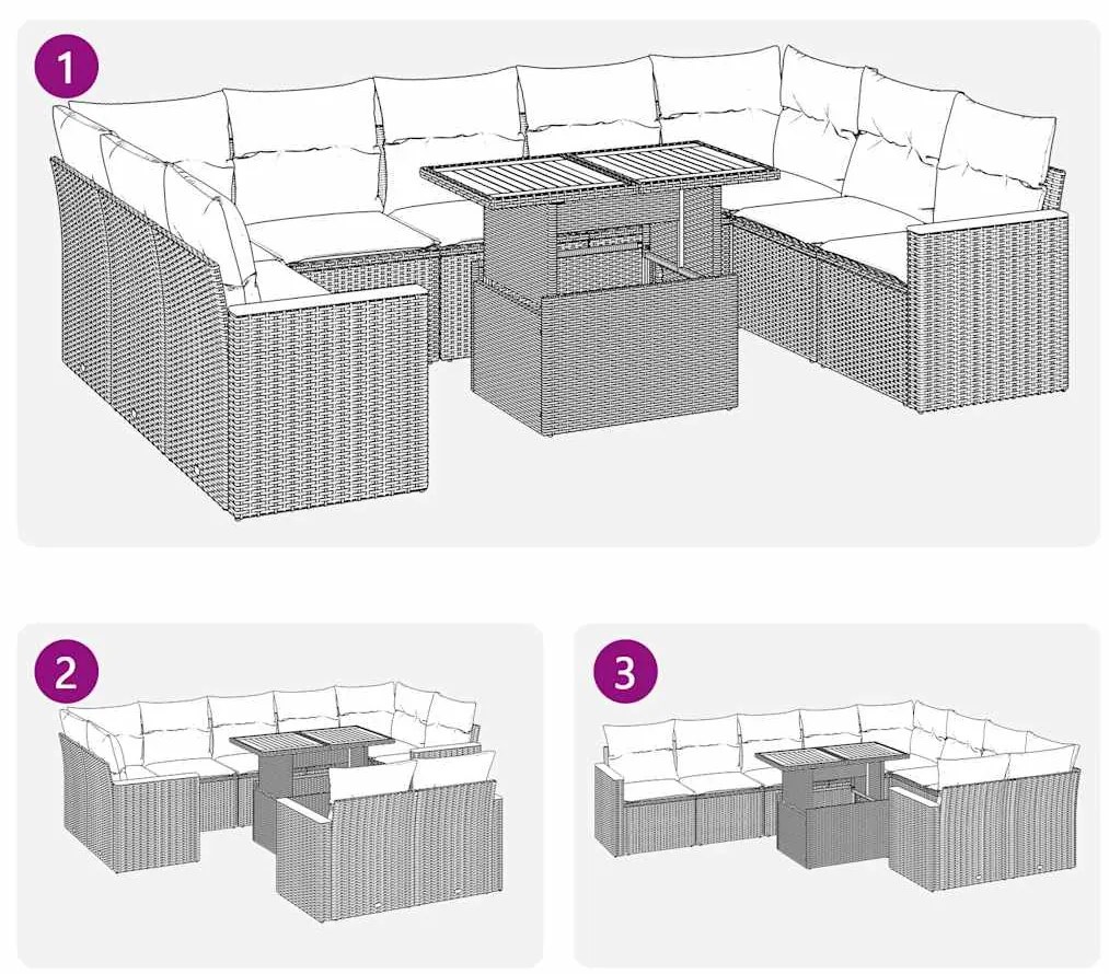 10 pcs conjunto sofás jardim almofadões vime PE/acácia cinzento