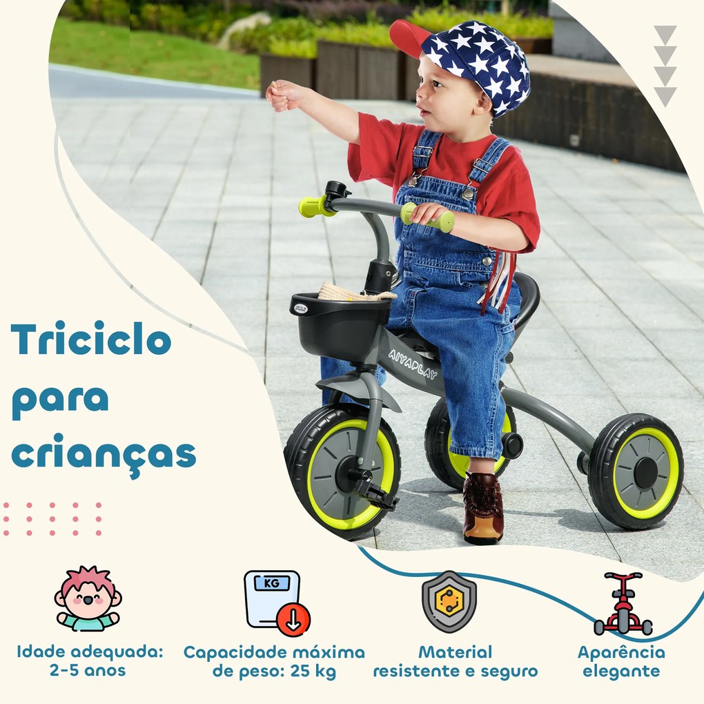 Triciclo para Crianças de 2 a 5 anos com Assento Ajustável Cesta Buzina e Pedais e 3 Rodas 70,5x53x58 cm Cinza e Verde