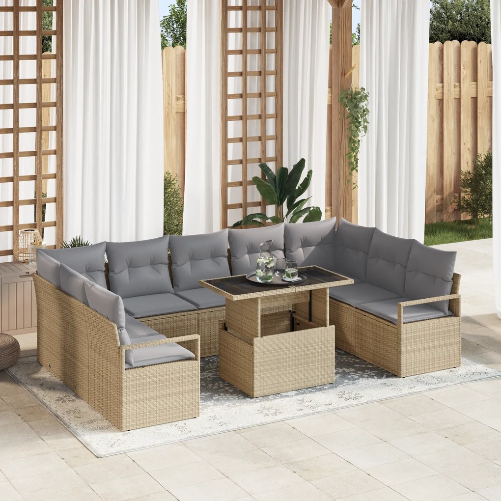 Conjunto de Sofás de Jardim vidaXL de 10 Peças com Almofadas Bege Ratt