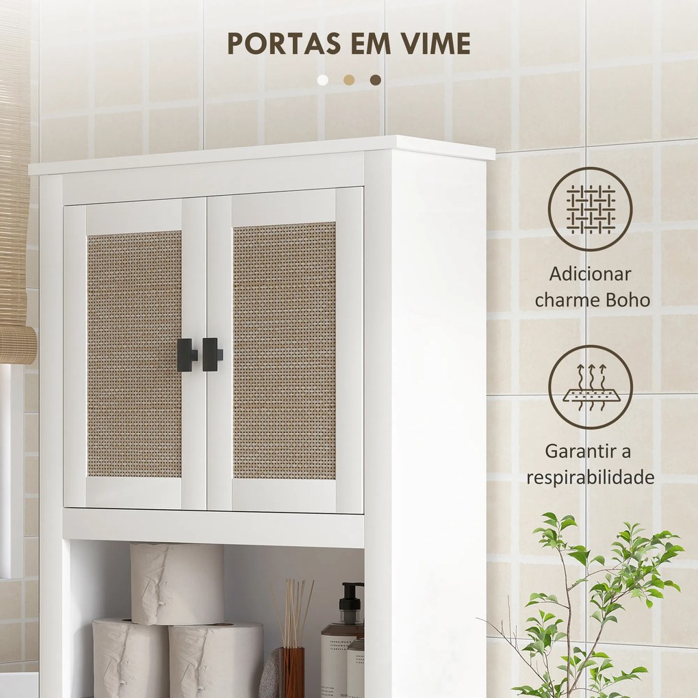 Móvel sobre Sanita Armário sobre Sanita com 2 Portas com Frente em Vime Compartimento e Prateleira Ajustável 60x19,5x160 cm Branco