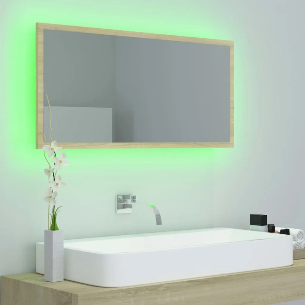 Espelho casa banho c/ LED 90x8,5x37 cm acrílico carvalho sonoma