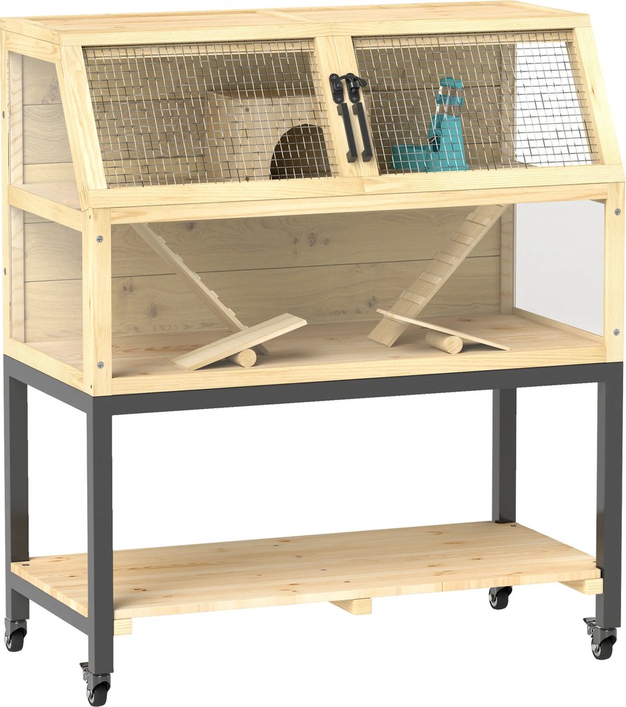 PawHut Gaiola para hamsters anões em madeira com compartimento de arrumação, rodas, rampas, garrafa de água, casinha, gangorras, 87 x 43 x 101cm | Aosom Portugal
