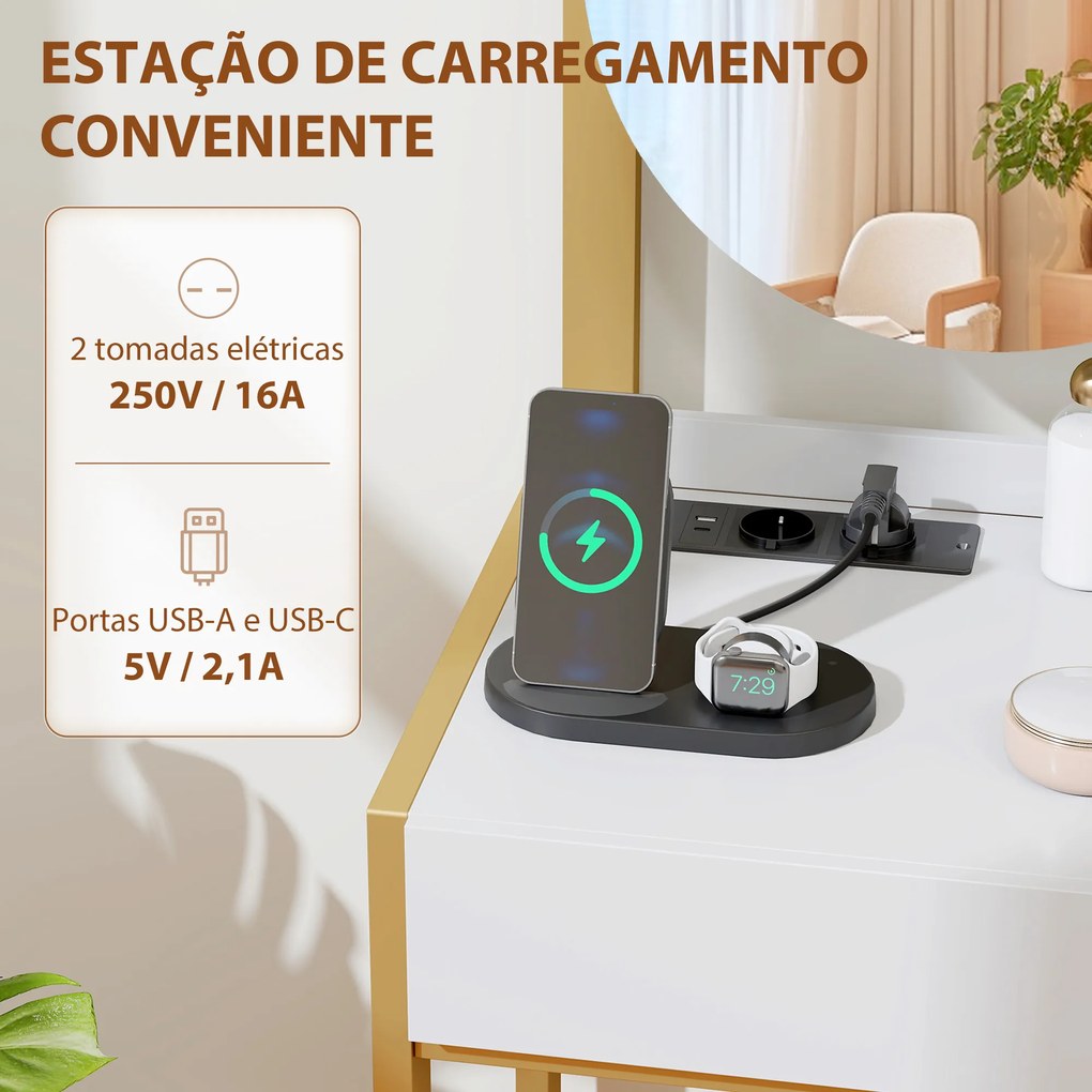Toucador de Maquilhagem com Espelho e Banco Acolchoado Estação de Carregamento 2 Gavetas 3 Prateleiras para Quarto Branco