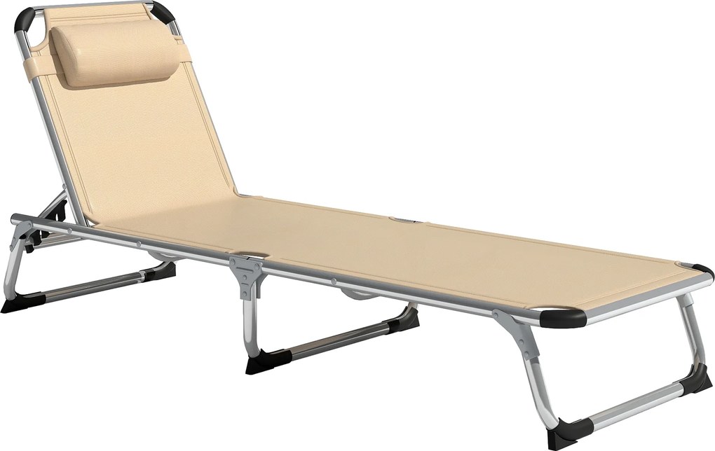Outsunny Espreguiçadeira Dobrável com Apoio de Cabeça e Encosto Ajustável em Alumínio, 60x165x76 cm, Bege | Aosom Portugal