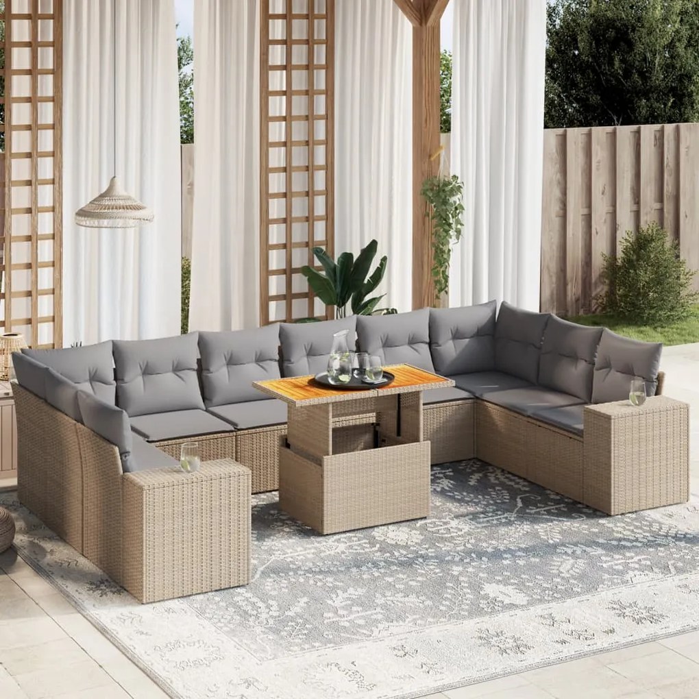 11 pcs conjunto sofás de jardim c/ almofadões vime PE bege
