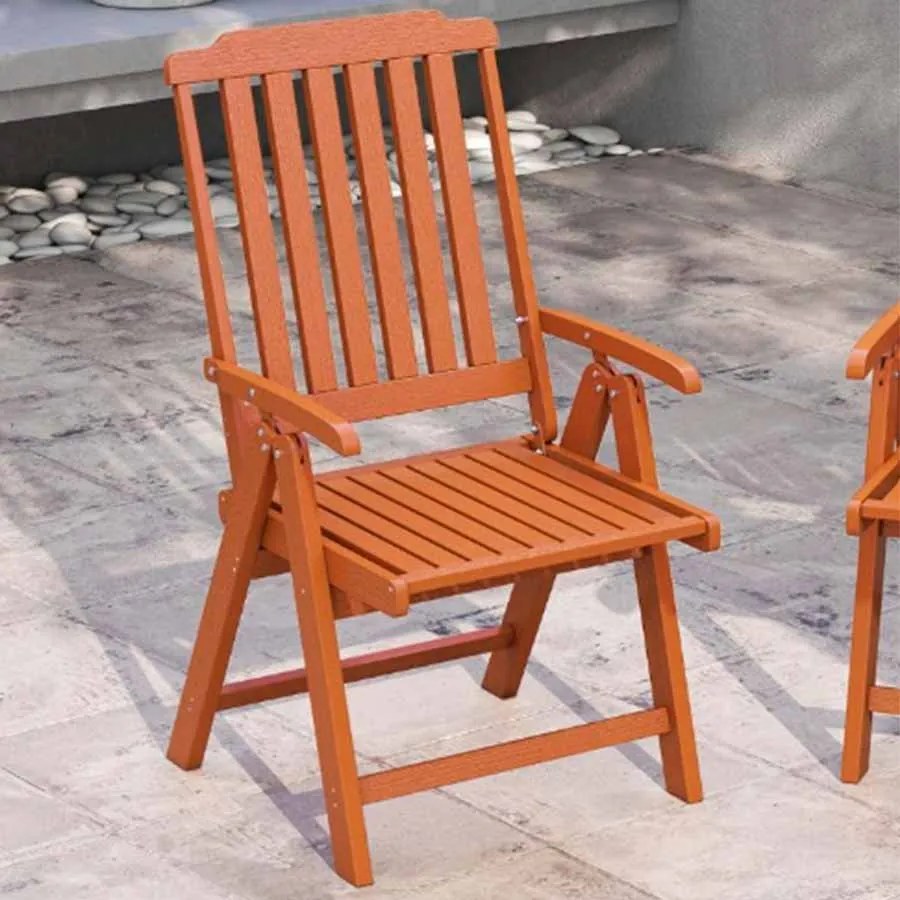 Cadeira dobrável para jardim em HDPE para todas as condições meteorológicas com apoios para os braços, encosto curvo e assento com ripas Castanho