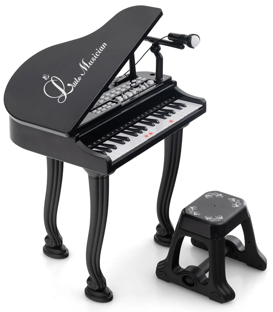 Teclado de piano infantil de 37 teclas com banco, microfone e tampa de piano - rosa