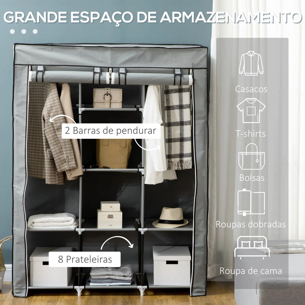 HOMCOM Roupeiro de Tecido Dobrável Armário Portátil com 8 Prateleiras de Armazenamento e 2 Barras de Pendurar Organizador de Roupa para Dormitório Vestidor 125x43x162,5cm Cinza Claro