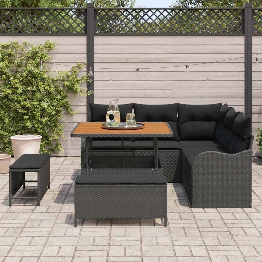 Conjunto de Sofá de Jardim com 8 Peças, Almofadas Pretas, Poli Ratan e