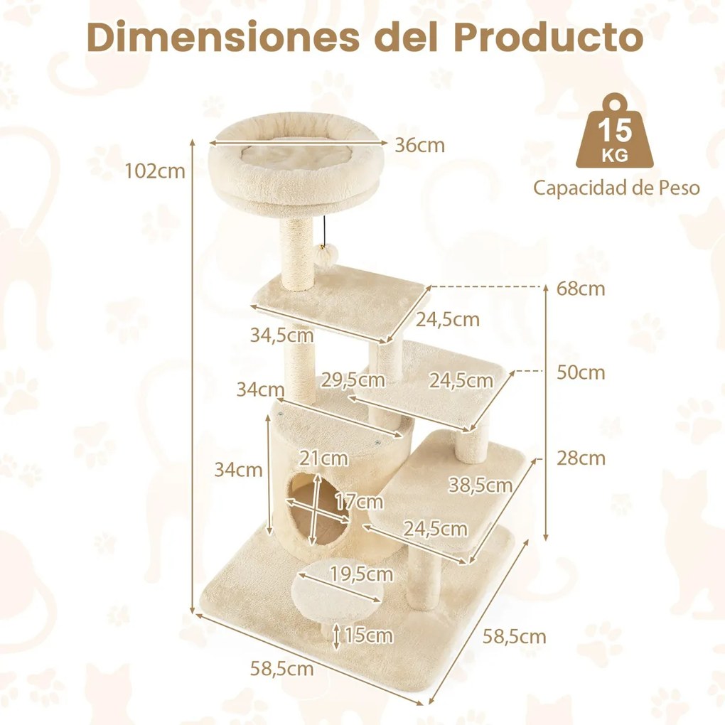 Arranhador para gatos adultos Torre multinível com cama acolchoada e poste para arranhar Centro de atividades gatos Bege