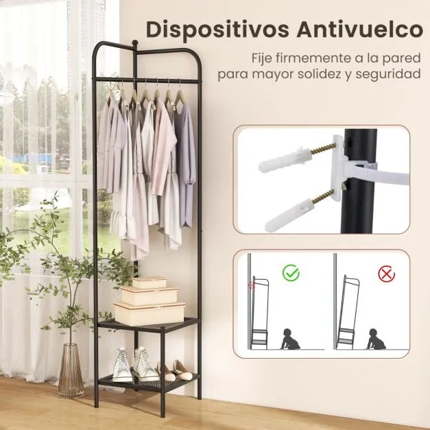 Guarda Roupa de canto 2 em 1 para roupa com gancho superior e 2 prateleiras Economia de espaço 42,5 x 42,5 x 193,5 cm Preto