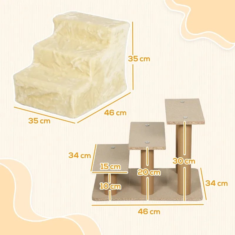 Escada para Cães de 3 Degraus com Capa Removível e Lavável Rampa para Cães para Cama Sofá 46x35x35 cm Bege