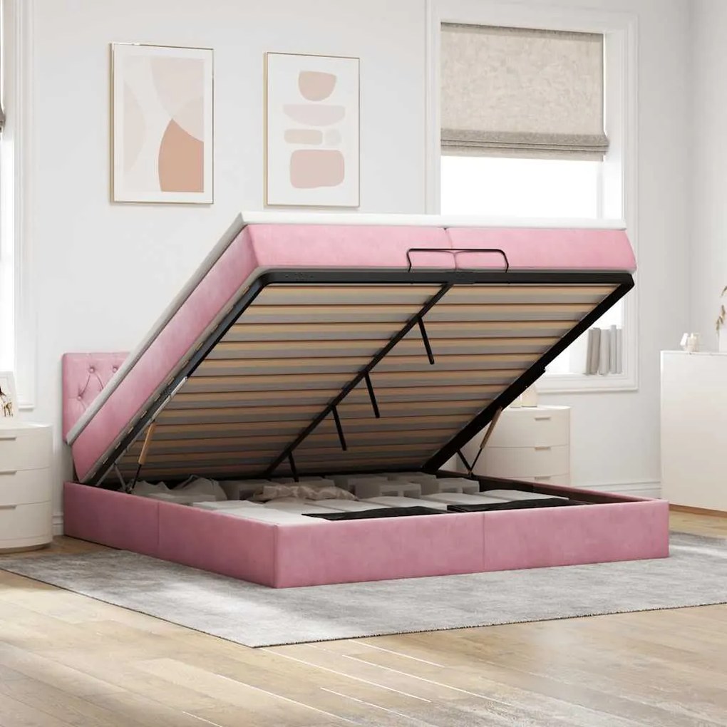 vidaXL Estrutura de cama otomana com colchão 200x200 cm veludo rosa