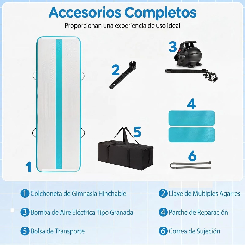 Colchão de ginástica insuflável com bomba elétrica 297 x 98 x 11 cm, saco de transporte e remendo de reparação portátil para fitness e ioga Turquesa