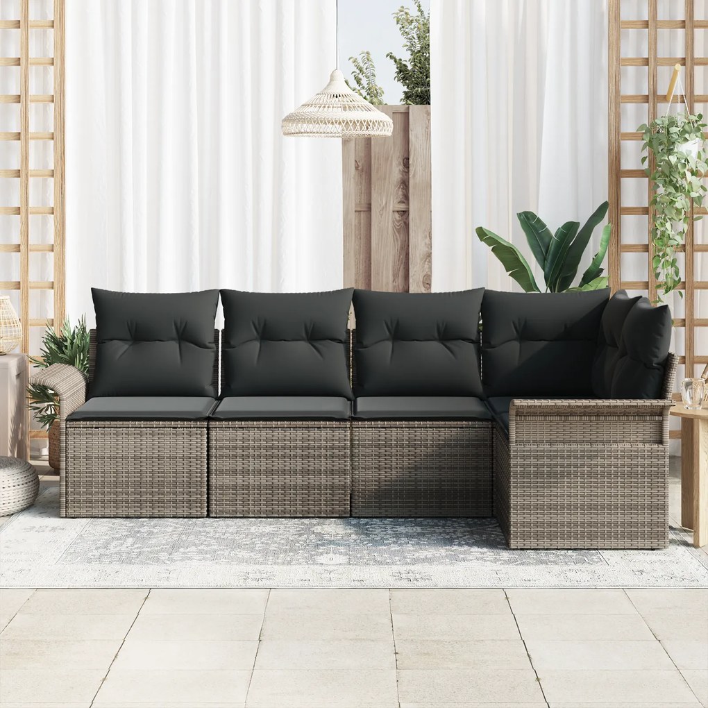 Conjunto de Sofá de Jardim de 5 Peças com Almofadas Cinza Rattan Polié