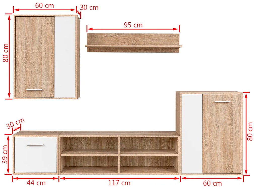 Conjunto de Armário de TV em 5 Peças na Madeira Engenharia Branco e Ca
