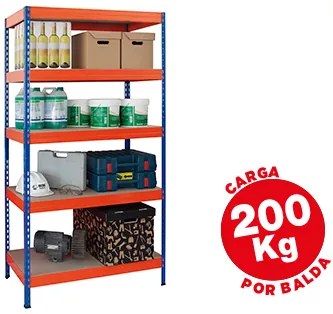 Estante Ar Storage Metálica 180x90x40 cm 5 Prateleiras 200kg por Prat.em Madeira sem Parafusos Cor Azul/laranja