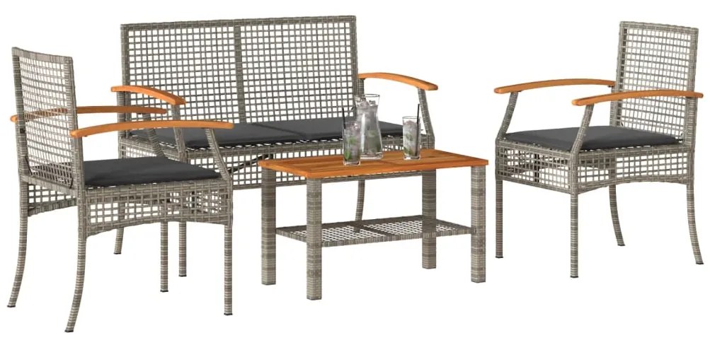 vidaXL 4 pcs conjunto lounge de jardim c/ almofadões vime PE cinzento