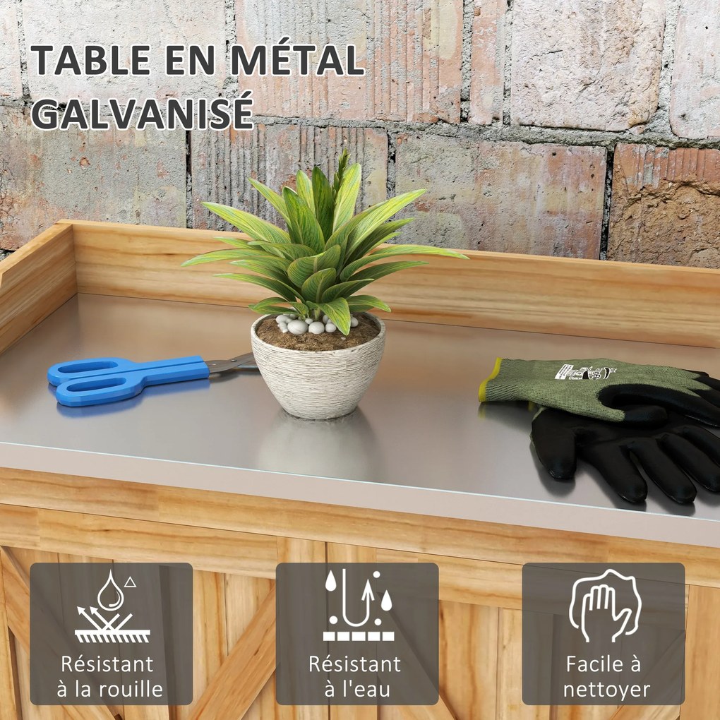 Mesa jardinagem com armário de arrumação com 2 prateleiras 83 x 40 x 92 cm, tabuleiro galvanizado e patins antiderrapantes em madeira de abeto natural