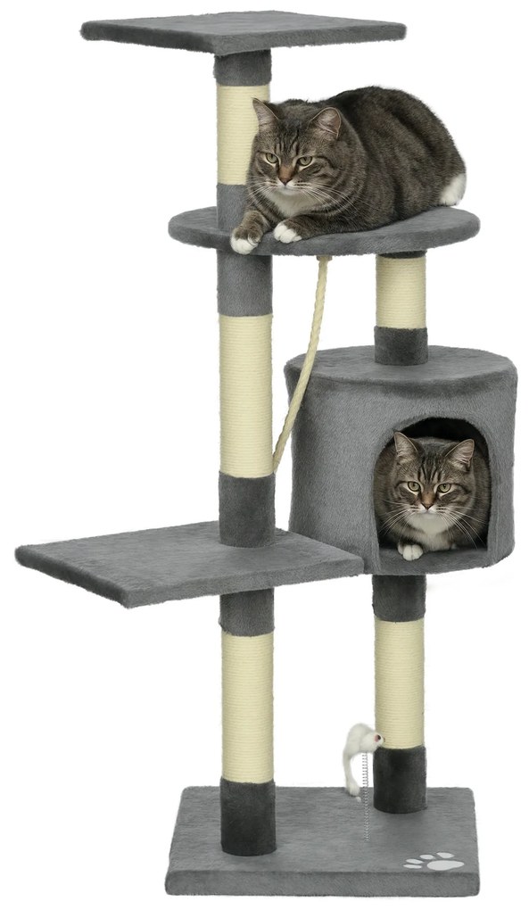 PawHut Arranhador para Gatos com Arranhador de 116 cm e 4 Níveis com Poste para Afiar as Garras Caverna Espaçosa Plataformas e Brinquedos Divertidos 40x40x116 cm Cinzento Escuro