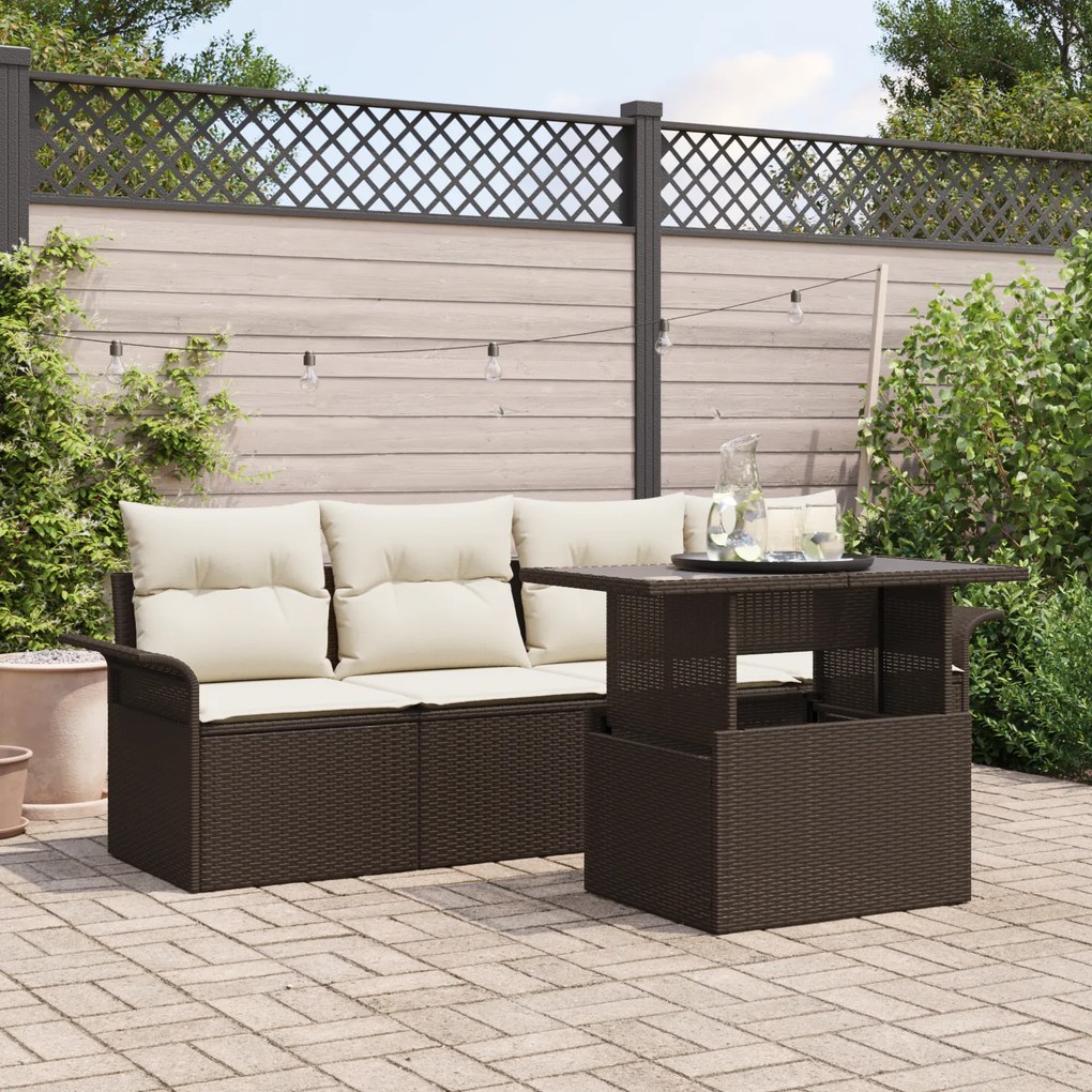 Conjunto de Sofá de Jardim de 5 Peças com Almofadas Rattan Poliéster M