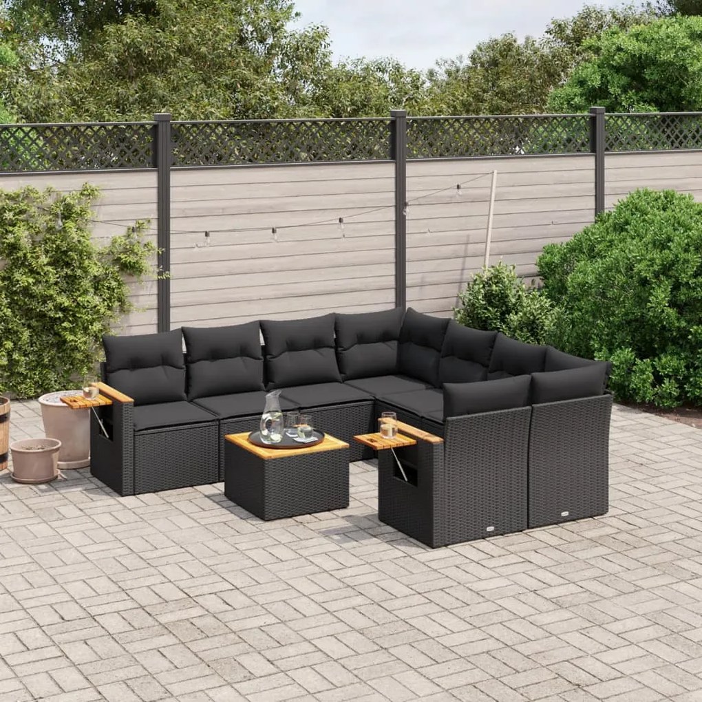 9 pcs conjunto de sofás p/ jardim c/ almofadões vime PE preto