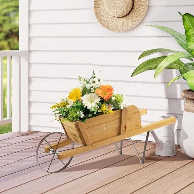 Floreira Jardim de madeira de pinho forma Carrinho de mão para interior e exterior com 9 acessórios magnéticos 69,5 x 26 x 29,5 cm Natural