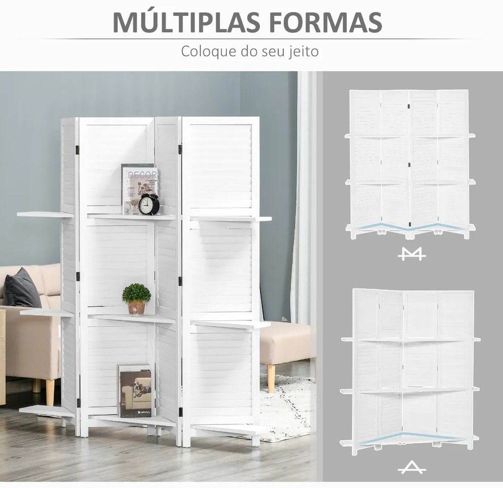 Biombo de 4 Painéis de Madeira Separador de Ambiente Dobrável com 3 Prateleiras Removíveis Desenho Persiana para Dormitório Escritório 160x170cm Branc