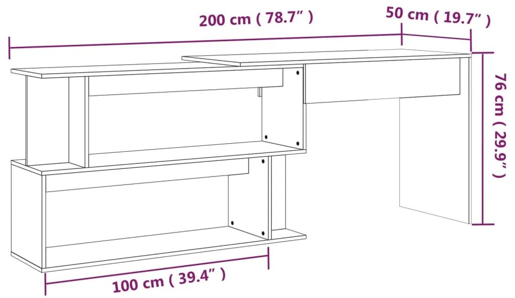 Secretária canto 200x50x76 cm derivados madeira cinzento sonoma