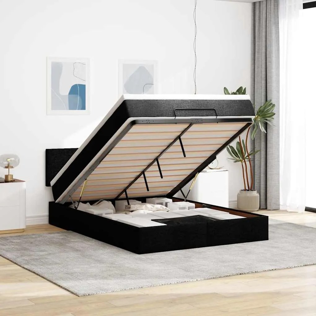 Cama otomana com colchão 140x200 cm tecido preto