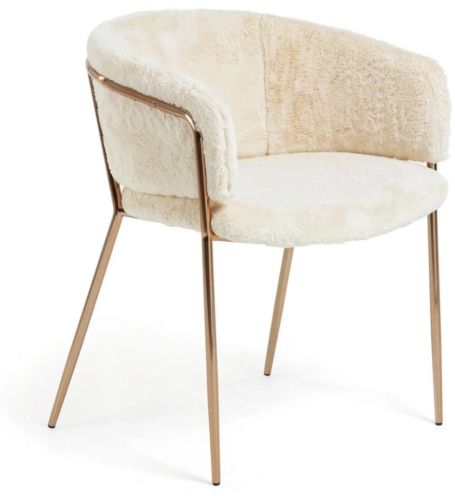 Kave Home - Cadeira Runnie de pelo branco com pernas de aço com acabamento em cobre