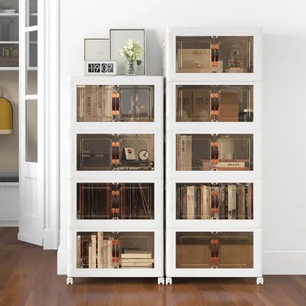 Conjunto de 5 caixas arrumação empilháveis com portas de rodas com fecho e tampas dobráveis em PP para o quarto 59,5 x 37,5 x 169 cm Branco