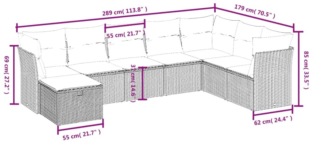 8 pcs conjunto sofás de jardim c/ almofadões vime PE cinzento