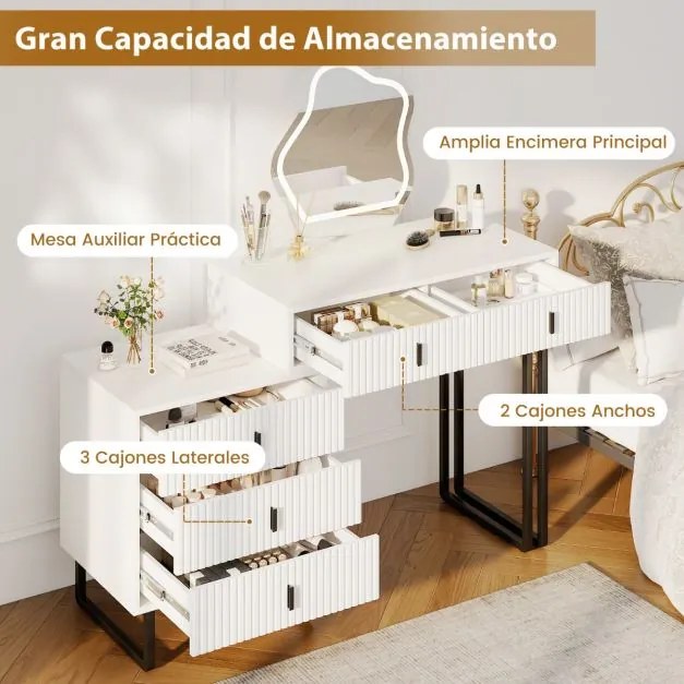 Toucador com espelho 120 x 40 x 124 cm e luzes 3 luzes ajustáveis 5 gavetas Bancada lateral Acabamento canelado e pernas metálicas Branco