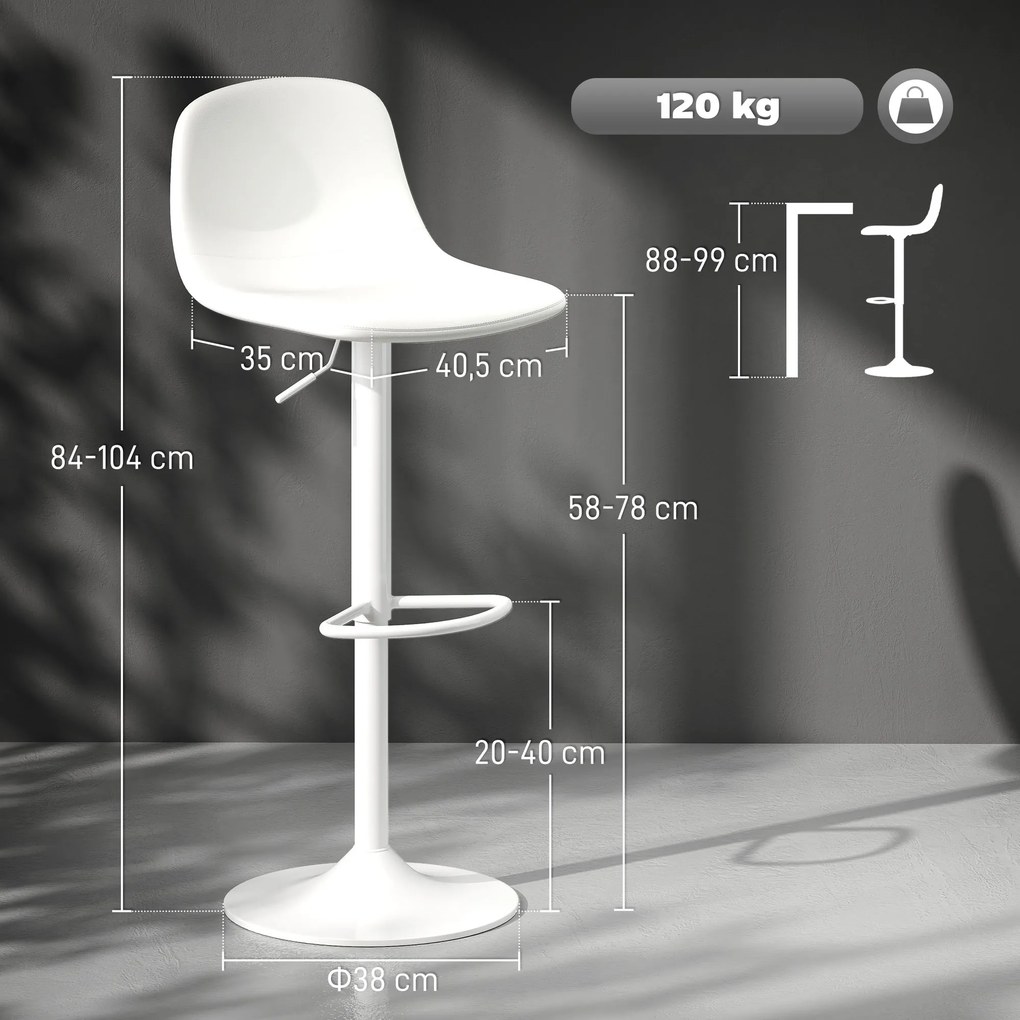 Conjunto 2 Bancos de Bar Reguláveis em Altura 84-104 cm com Encosto e Apoio para os Pés Estofadas em PU Giratórias em 360° Branco