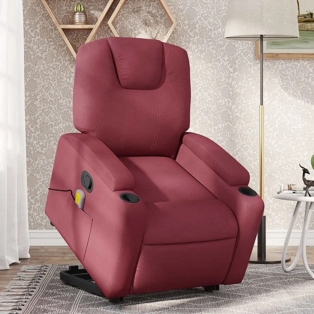 vidaXL Poltrona de massagens reclin. elevatória tecido vermelho tinto