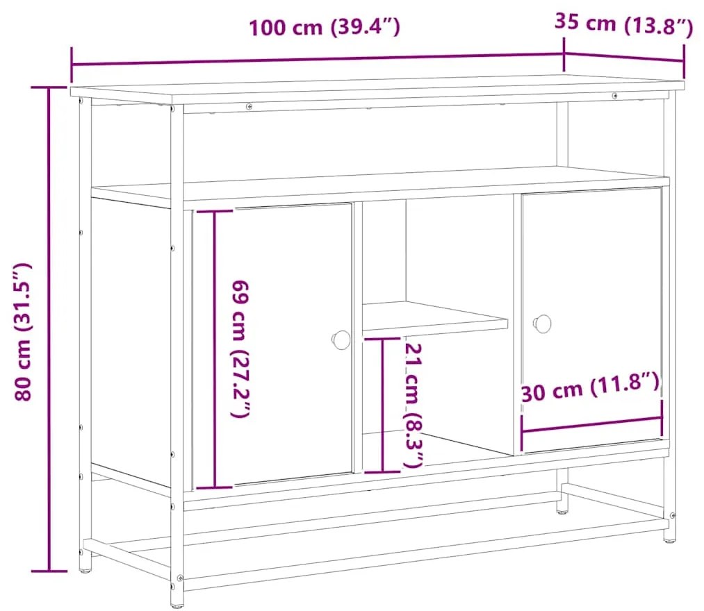 Buffet vidaXL Preto Carvalho 100x35x80 cm Madeira Engenharia e Aço