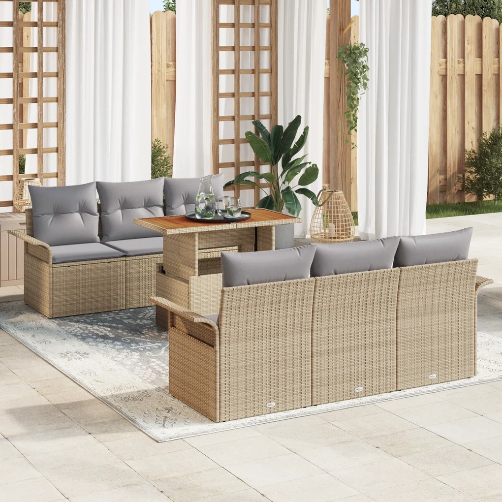 Conjunto de Sofás de Jardim de 7 Peças com Almofadas Bege Rattan Polim