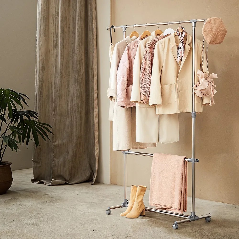 Guarda roupa aberto com rodas Ajustável em altura de 113 a 198 cm, aço inoxidável, cinza prateado