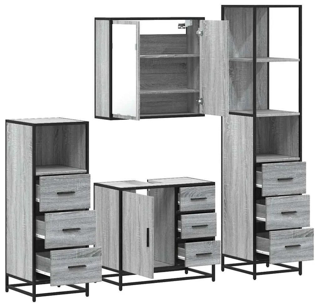4 pcs Conjunto móveis casa de banho madeira proc. cinza sonoma