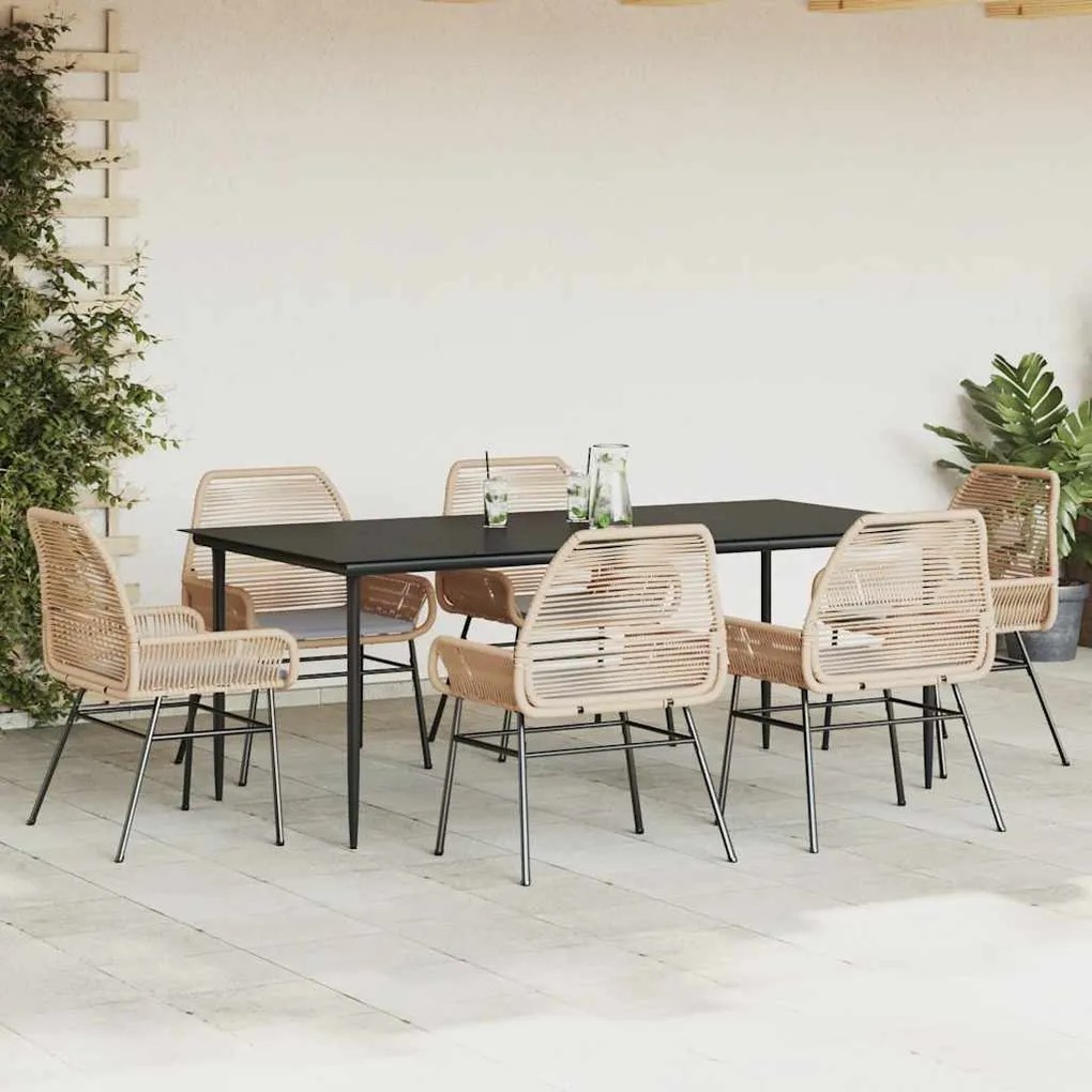 Conjunto jantar jardim 7 peças almofadas vidro vime PE castanho