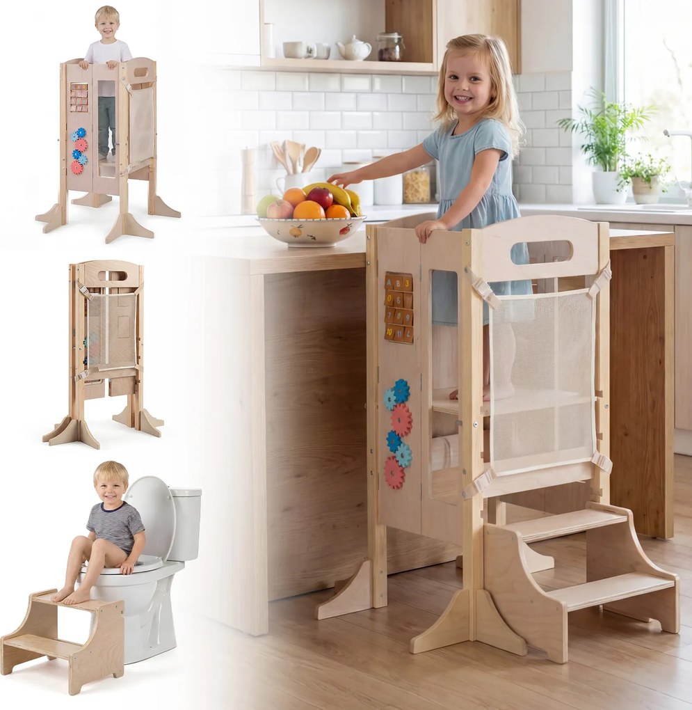 Torre de Aprendizagem Infantil Dobrável, 83,5 x 73 x 93 cm, 3 Níveis Ajustáveis, Natural