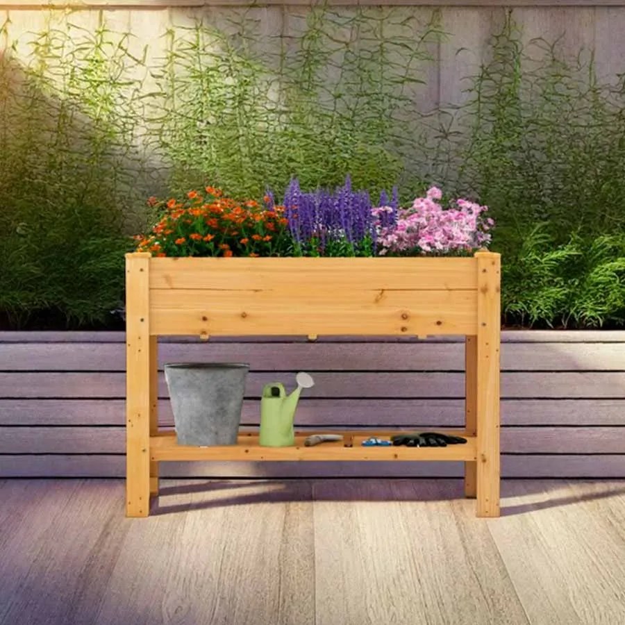 Floreira elevada em madeira com pés Floreira elevada com estante e drenagem Recipiente para flores e ervas aromáticas 120 x 60 x 80 cm Natural