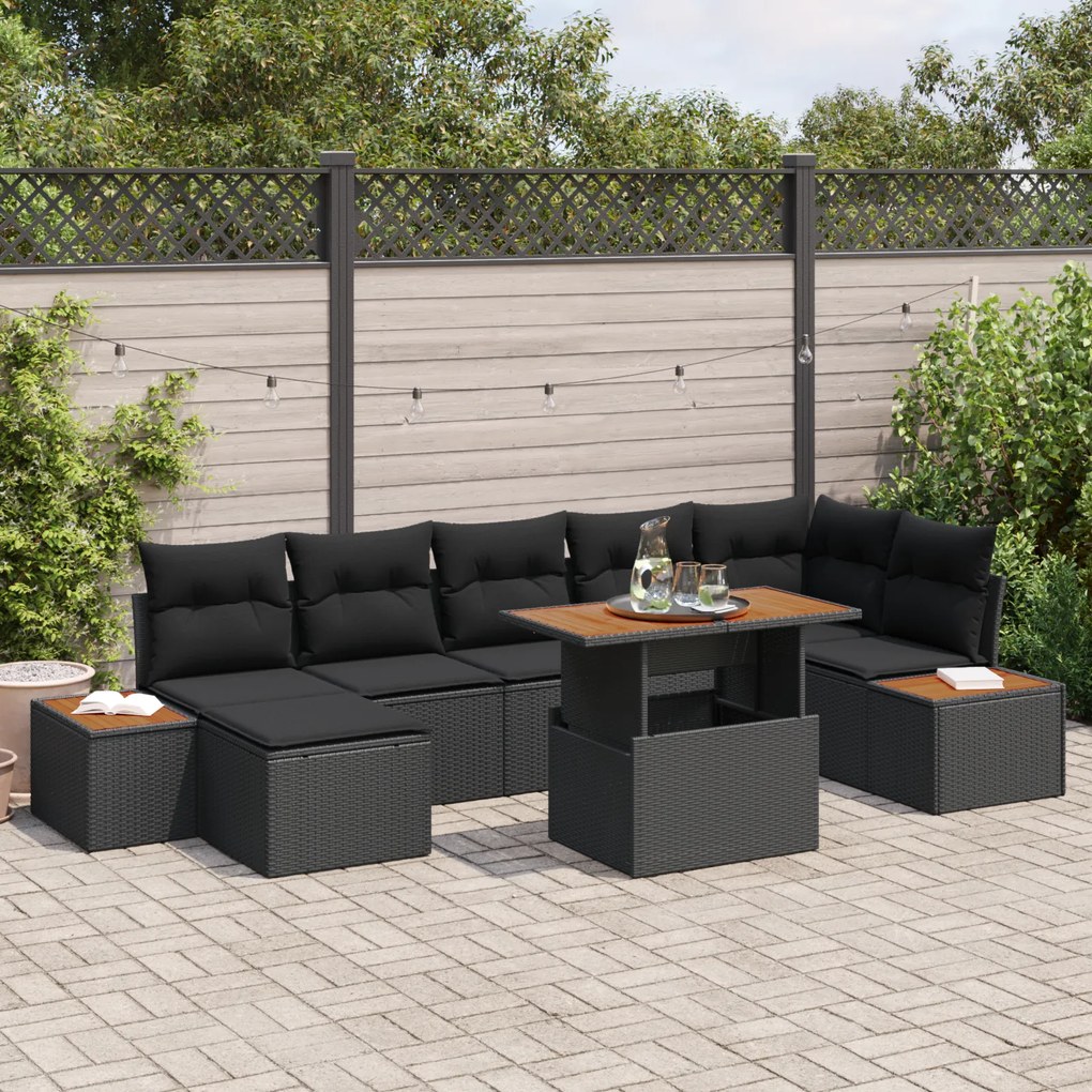 Conjunto de Sofá de Jardim de 8 Peças com Almofadas de Ratan Preto Poly