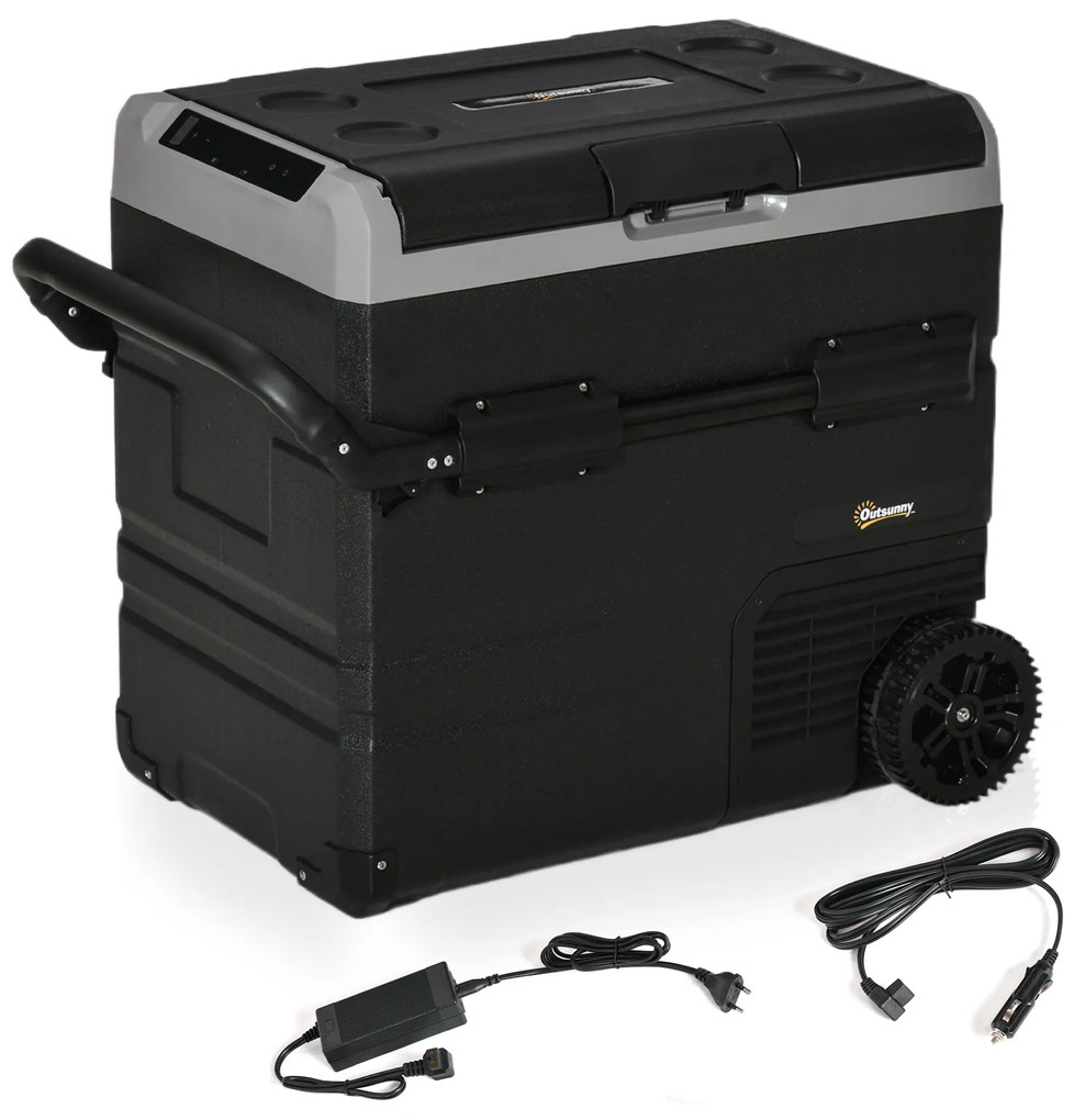 Outsunny Geleira de Compressor Portátil 55L Geleira Elétrica de Carro CC 12V/24V Temperatura até -20℃ com Tela Tátil Alça Retrátil e Rodas 71,1x46x57,1cm Preto