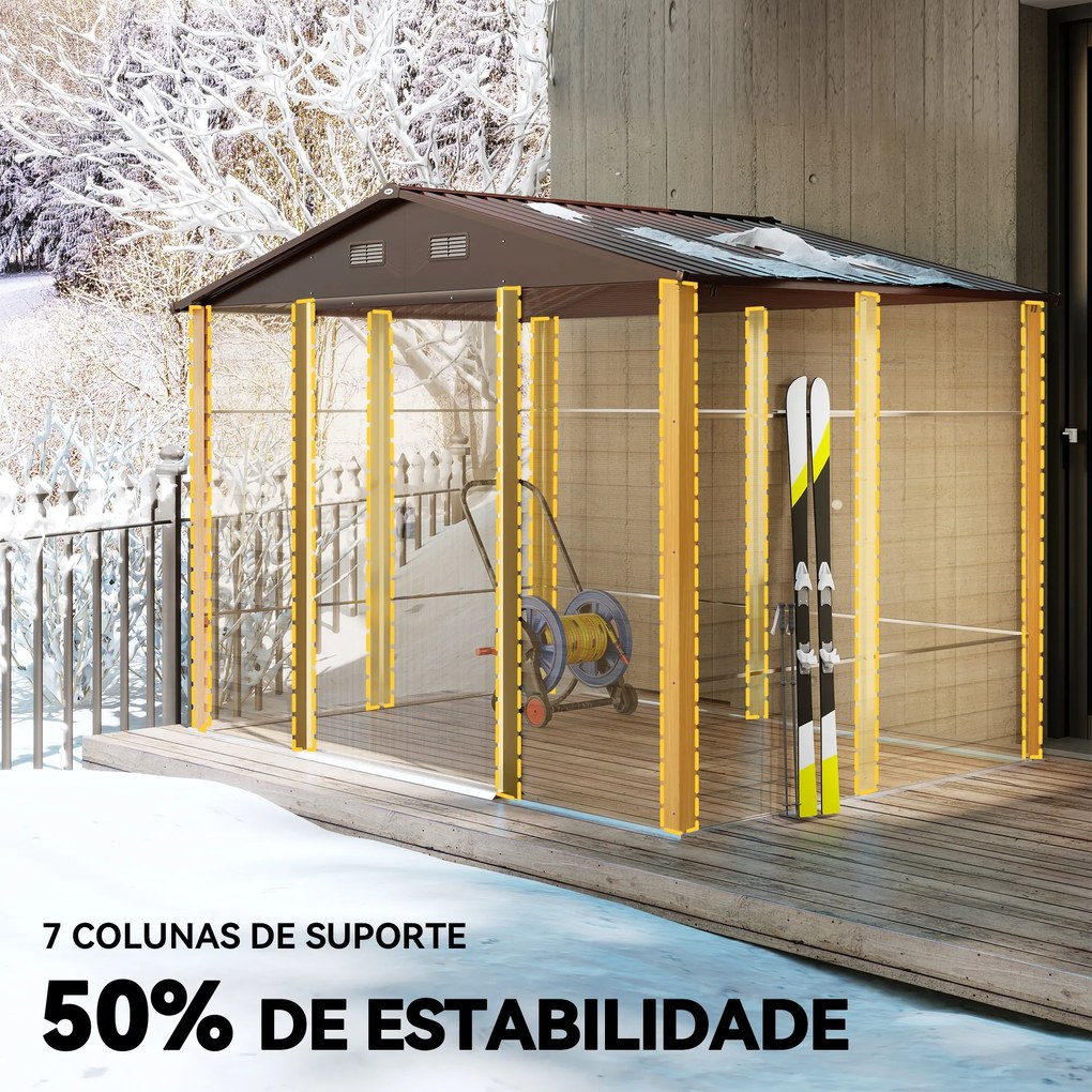 Abrigo de Jardim 4,84 m² 278x195x215 cm Abrigo de Jardim com 2 Portas de Correr e 4 Janelas de Ventilação Madeira e Castanho