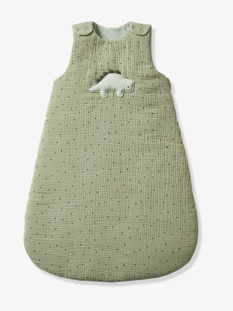 Agora -30%: Saco de bebé sem mangas, em gaze de algodão, Dinossauros verde medio liso com motivo