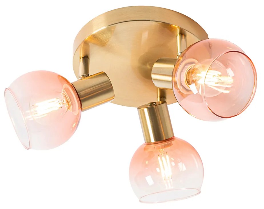 Foco de teto Art Deco dourado com vidro rosa 3 luzes - Vidro